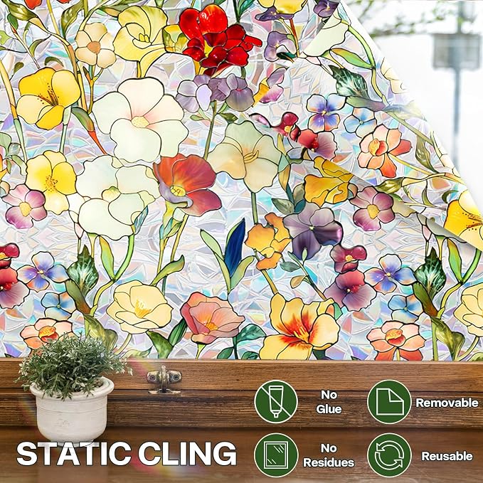 Stained Glass Window Film UV Resistant Window Privacy Film, Colorful Floral - Image 6