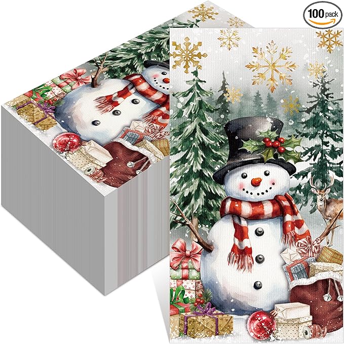 100 Pcs Christmas Guest Napkins 2 Ply Snowman Disposable Paper Napkins for Decoupage Snowflake Elk Xmas Tree Decorative Winter Christmas Cocktail Guest Hand Towel for Party Table Dinner Bathroom