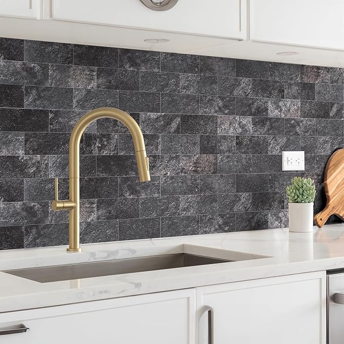 100 Pieces Peel and Stick Backsplash for Kitchen, 3" x 6" PVC Subway Tile 2025 Upgraded Graphite Stone Backsplash Stick on Tile Elevate Kitchen Fireplace RV