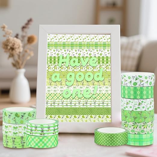 12 Rolls Greenery Washi Tape, Martini Bow Lemon Masking Tape, Checkered Martini Glass Decorative Sticker for Summer Party Afternoon Tea Scrapbook Journal DIY Craft Gift Wraps 16.4FT