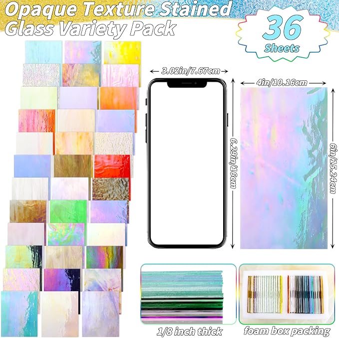 36 Sheets Opaque Stained Glass Bulk Variety Pack, 4 x 6 Inch Mosaic Glass Tiles - Image 2