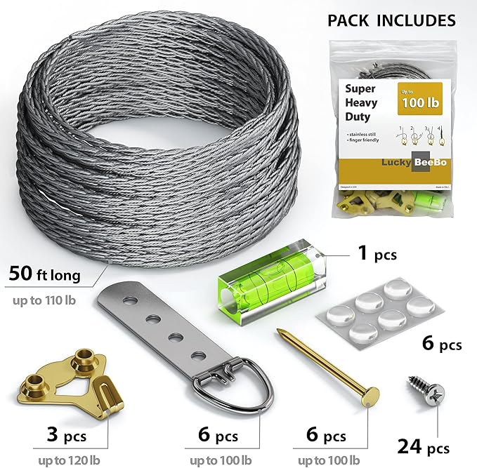 Heavy Duty Picture Wire Hanging Kit - D-Ring, Screws, Hanging Hooks,Level. Supports up to 100 lbs 50+ Feet (15.25M) Stainless Steel Wire Hanger