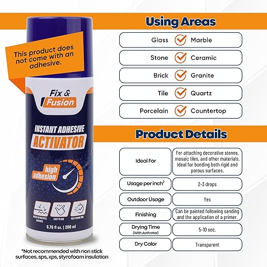 FIX & FUSION Activator Spray (6.76 Fl Oz), Instant Cure Accelerator for Cyanoacrylate (CA) Super Glue for Wood, Plastic, Rubber, Granite, and DIY & Professional, Accelerates Bonding Strength, (2 Pack)