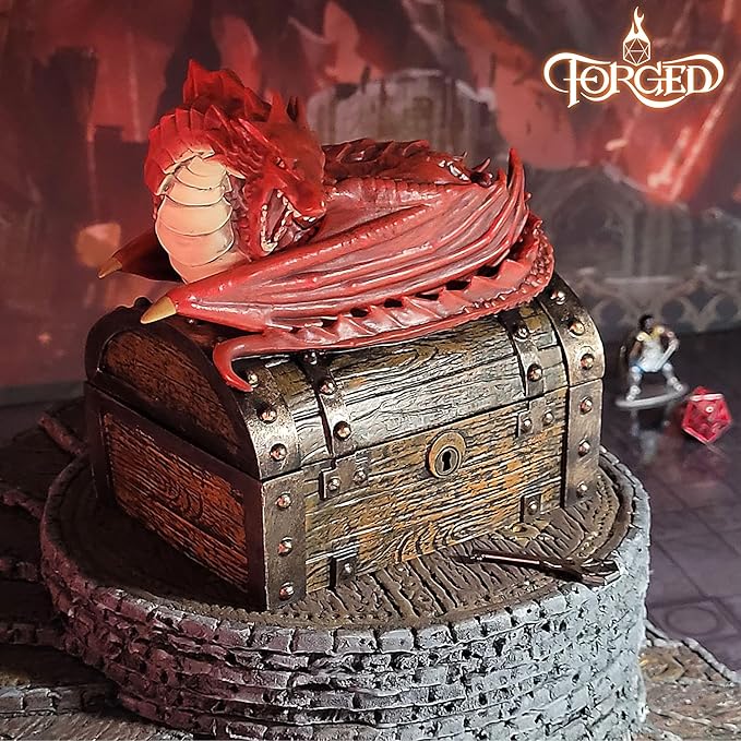 Forged Dice Co. Wyvern Dice Box with Lock and Key - Dragon Storage Chest Compatible with Dungeons and Dragons, D&D Miniatures, Dnd Accessories - Fits up to 4 Standard Polyhedral Sets - Red