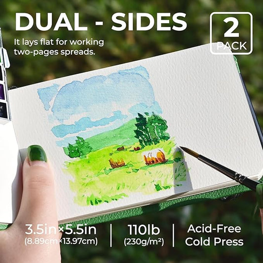 Funto Watercolor Journal, 3.5x5.5, 2 Pack, 24 Sheets Each, Green Cloth Cover, 110lb/230gsm, Suitable for Techniques and Mixed Media