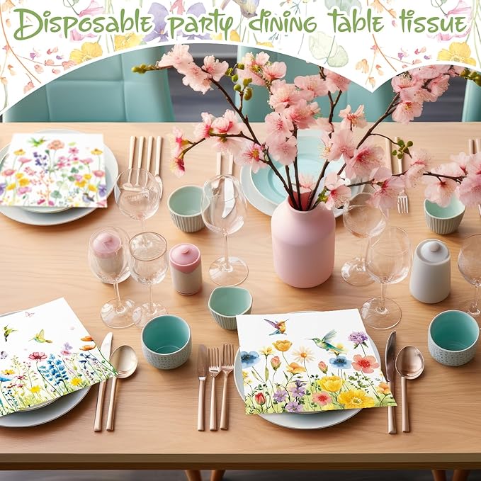 Fulmoon 200 Pieces Christmas Wildflower Cocktail Napkins Decoupage Disposable Fall Floral Dessert Paper Dinner Napkins Decorative Flower Hummingbird Beverage Towel for Xmas Party Favor Supplies