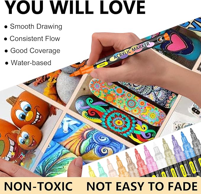 Gunsamg Fine Tip Acrylic Paint Markers – 100 Colors Acrylic Paint Pens for Rock, Glass, Wood, Stone, Ceramic, Fabric, Metal, Canvas – Permanent Waterproof No Bleed Paint Pens for Crafts & Art Supplies