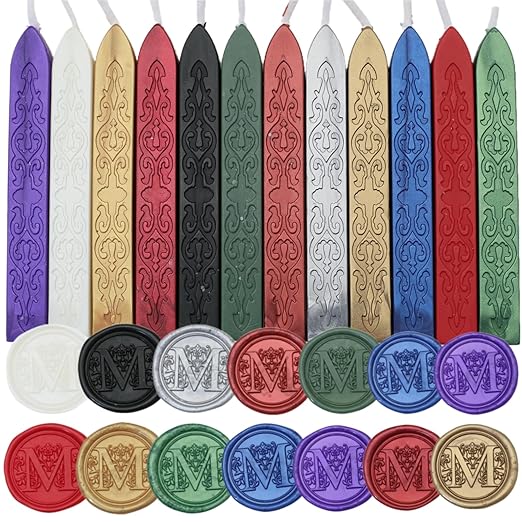 12Pcs Wax Sealing Sticks with Wicks, Assorted Colors Wax Seal Sticks Great for Vintage Mixed Color Waxsealsticks Letter Sealwax Stamp Wedding Invitations, Decoration (12-1)
