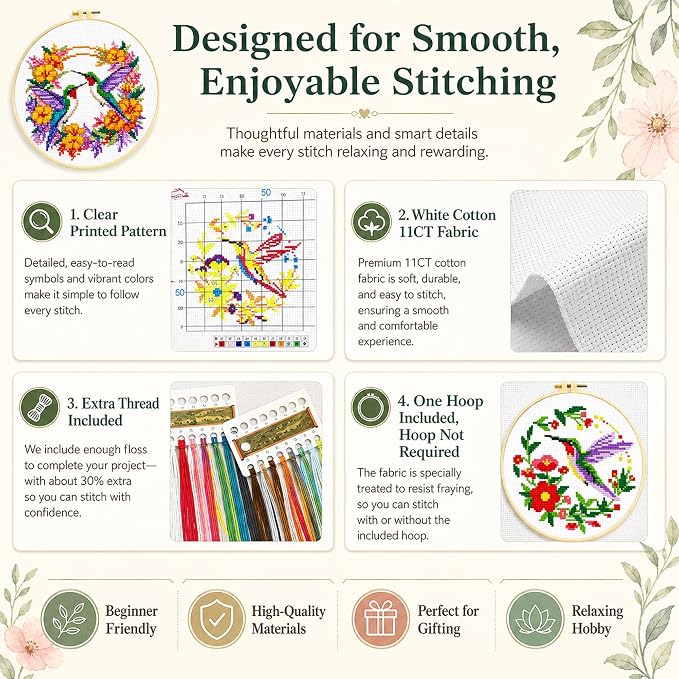 Zhenqing Cross Stitch Kit for Beginners 4 Pack Bird Floral Embroidery Kit 11CT - Image 6