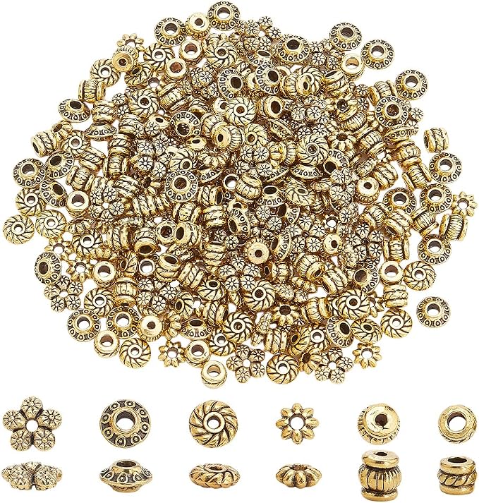 PH PandaHall 300pcs Tibetan Spacer Beads, 6 Style Antique Golden Spacers Alloy by PHPandaHall