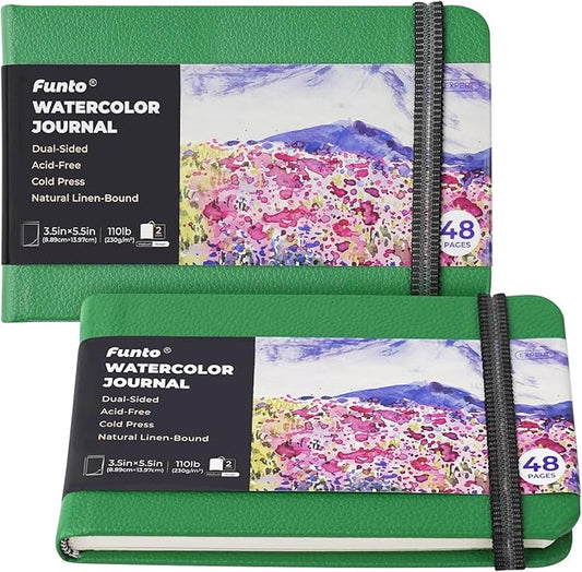 Funto Watercolor Journal, 3.5x5.5, 2 Pack, 24 Sheets Each, Green Cloth Cover, 110lb/230gsm, Suitable for Techniques and Mixed Media