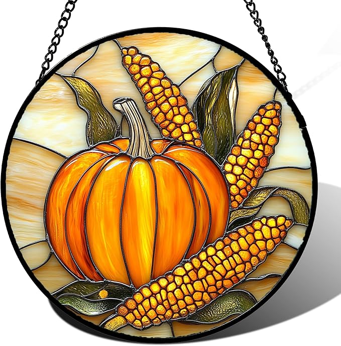 DASTOLL Stained Glass Window Hanging Autumn Harvest Pumpkin Corn 9.8" by DASTOLL