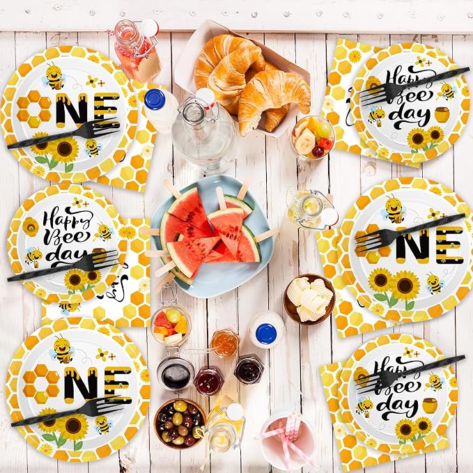 Qyeahkj 100 Pcs Bee 1st Birthday Party Supplies Paper Plates and Napkins Set - Image 6