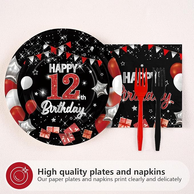 96Pcs Red and Black Party Decorations Happy 12th Birthday Plates and Napkins 12 - Image 3