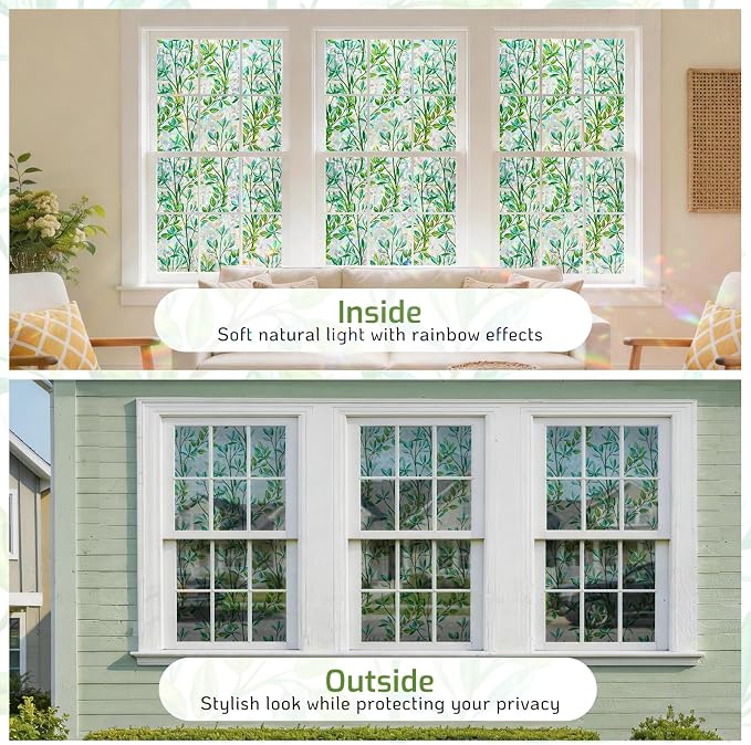 LUTE Stained Glass Window Privacy Film, Leaf Rainbow, 23.6" X 157.4" | No Glue - Image 9