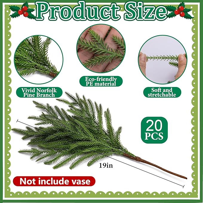 25 Pcs Christmas Norfolk Pine Branches with Red Berry Stems, 19" Extra Long Fake Greenery Norfolk Pine Stems Sprigs, Artificial Xmas Branches Plants Pine Leaves for DIY Craft Garland Home Decor