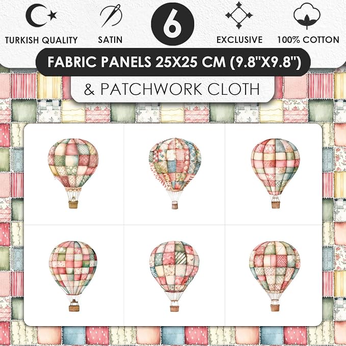 Patchwork Hot Air Balloon Cotton Fabric Panel – 6 Designs + Bonus Sheet - Image 3