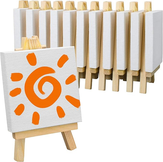 FIXSMITH 3x3 Inch Mini Stretched Canvas Easel Set- Bulk Pack of 12,Small Stretched White Blank Canvas Panels & Wood Easels for Painting Craft Drawing Decoration Gift Art Project DIY, Art Supplies