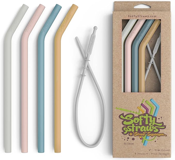 Premium Reusable Silicone Drinking Straws + Patented Straw Squeegee by SoftyStraws