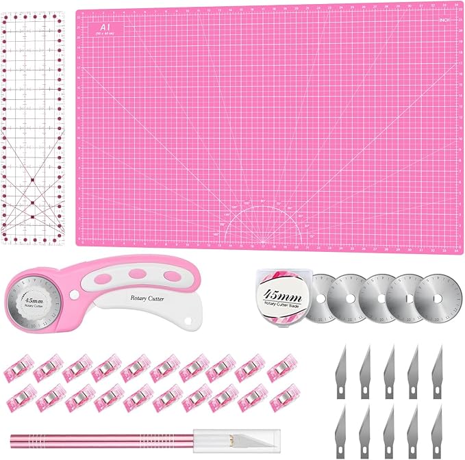 Rotary Cutter Set Pink- Quilting Kit incl. 45mm Fabric Cutter, 5 Replacement by HeadleyTools