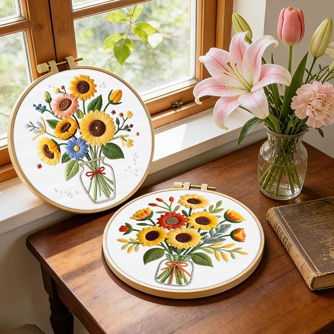 ERKOON Embroidery Kit for Beginners Adult, 2 Set Flower Cross Stitch Set - Image 2