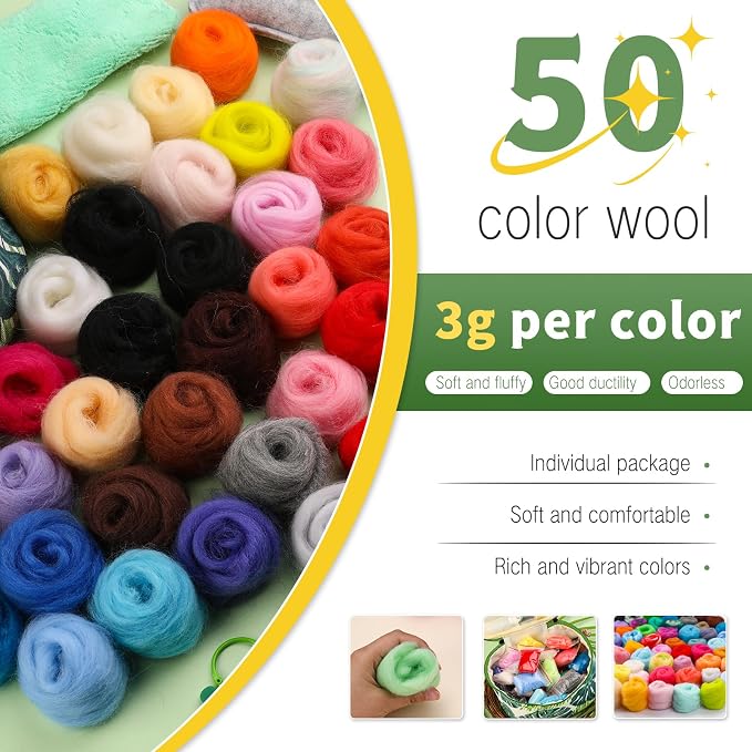 IMZAY 304 Pcs Needle Felting Kit, Wool Roving 50 Colors Set, Needle Felting - Image 3