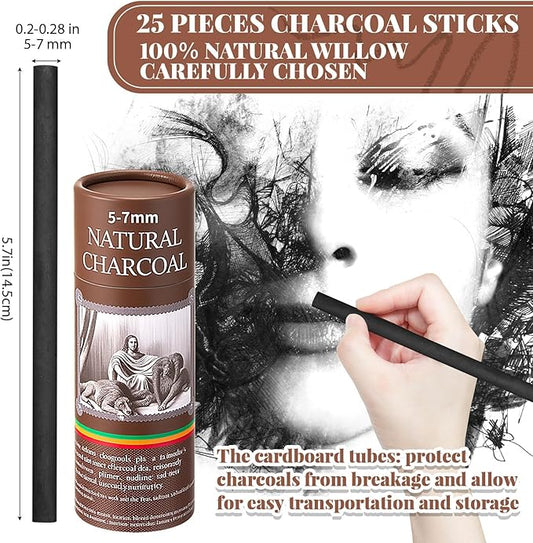 Gueevin 25 Pcs Willow Charcoal Sticks, Willow Charcoal, Artists, Beginners, Students, Perfect for Sketching, Drawing, Shading, and Fine Art Christmas Gifts for Art (5-7mm)