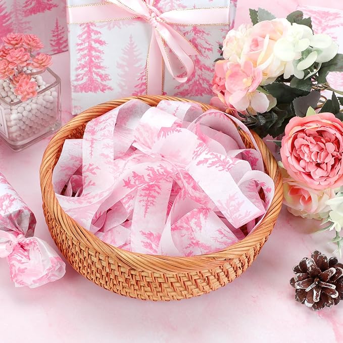 100 Sheets Christmas Tree Tissue Paper, 20x14in Forest Style Wrapping Tissue Watercolor Xmas Tree Art Tissue for Xmas Party Gift Bag Fillers Winter Party Decor (Pink)