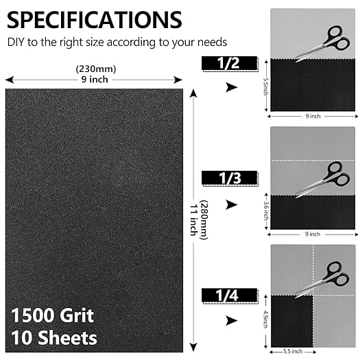 1500 Grit Sandpaper, 9 x 11 Inch Wet Dry Sand Paper Hand Abrasive Sanding Sheets for Wood Metal Automotive Sanding and Polishing, Fine - 10 Sheets