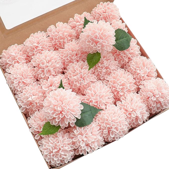 Floroom Artificial Dahlia Flowers 25pcs Real Looking Blush Foam Fake Roses with Stems for DIY Wedding Bouquets Pink Bridal Shower Centerpieces Floral Arrangements Party Tables Home Decoration