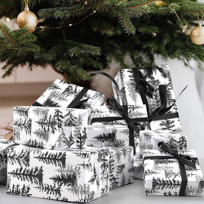 100 Sheets Christmas Tree Tissue Paper, 20x14in Forest Style Wrapping Tissue Watercolor Xmas Tree Art Tissue for Xmas Party Gift Bag Fillers Winter Party Decor (Black)