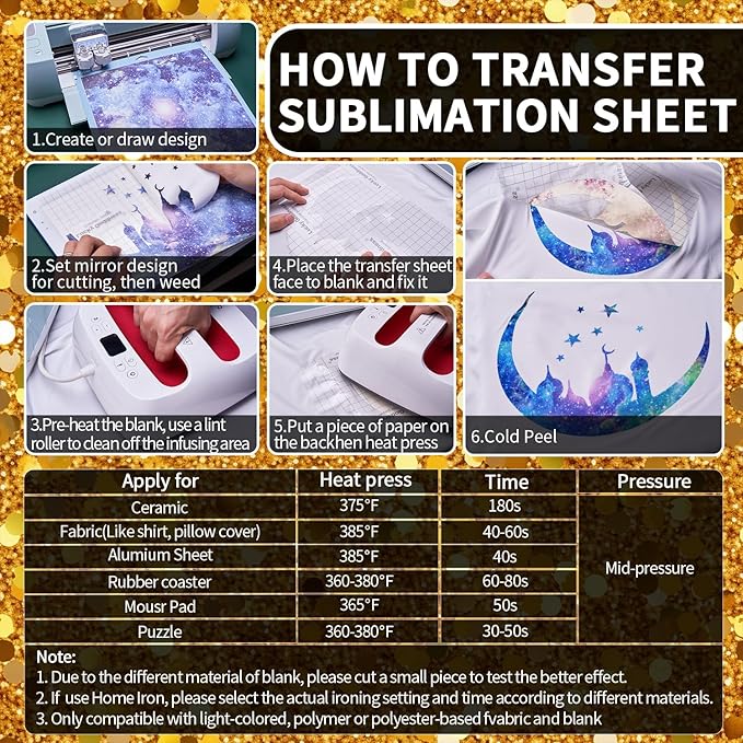 Gold Glitter Sublimation Transfer Sheets for Heat Press Machine,Orange Transfer Sheets for Sublimation Blanks Mug Tumbler T-Shirt Tote Bag,8 Sheets 12x12inch