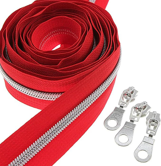 #5 Silver Metallic Nylon Coil Zippers by The Yard Bulk 10 Yards Red Tape with 25pcs Silver Sliders for DIY Sewing Tailor Craft Bag Leekayer(Red)