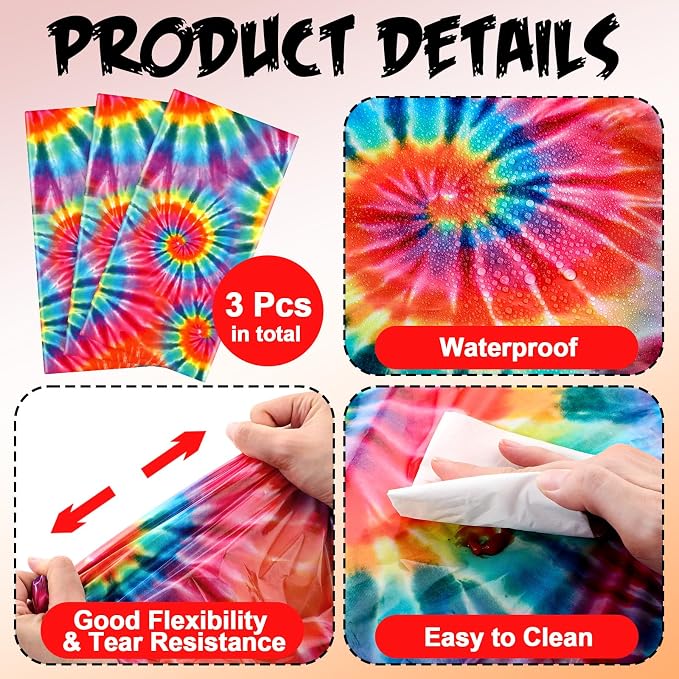 Newwiee Tie Dye Tablecloth Rainbow Table Cloth 54 x 108 Inch Plastic Rectangle - Image 2