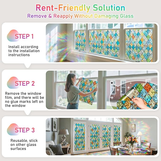 Sunbaby Window Privacy Film Stained Glass Decorative Rainbow Window Cling 3D - Image 6