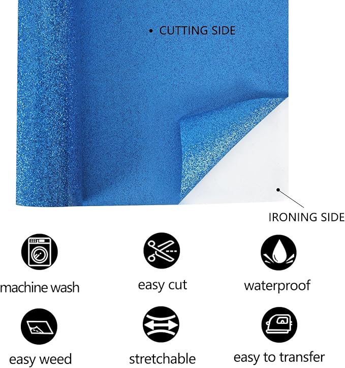 FUNKAKA Glitter Blue HTV Heat Transfer Vinyl Rolls, 12" x 8ft PU Iron on Vinyl for T-Shirt Blue Glitter HTV Vinyl for All Cutter Machines Easy to Cut & Weed for Heat Vinyl Design