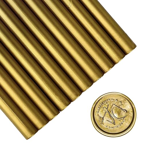 Gun Glue Sealing Wax Sticks for Wax Seal Stamp - Metallic Antique Gold, Great for Wedding Invitations, Cards Envelopes, Snail Mails, Wine Packages, Christmas Gift Ideas, Pack of 10