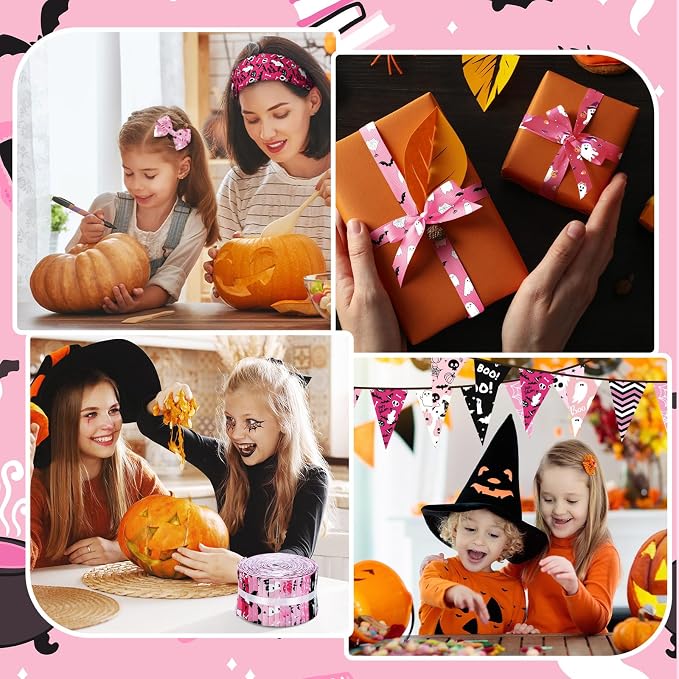 Hosuly 40 Pcs Pink Halloween Fabric Patchwork Roll Halloween Pumpkin Ghost - Image 6