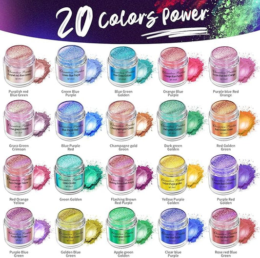 20 Colors Chameleon Mica Powder, 20 * 3g Color Shift Resin Pigment Powder for Epoxy Resin, Painting, Soap Making, Bath Bombs, Candle Making, Slime, Jewelry DIY Accessories(0.1oz/jar)