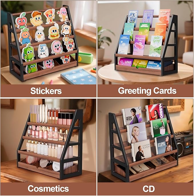 handrong Card Display Stand,3-Tier Trading Card Display with Drawer,Wooden Graded Baseball Sports Cards Holder,Greeting Cards Stand for Collection,Vendor & Show (Brown)