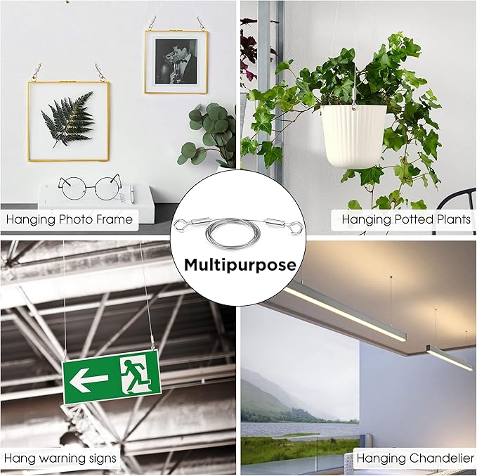 2Pcs Adjustable Picture Hanging Wire Kit,Heavy Duty Stainless Steel Rope 2m x 1.5mm for Hanging Mirrors,Frame,Lamps,Billboards,Basket Flowerpot,Holds Up to 66lbs(30kg)