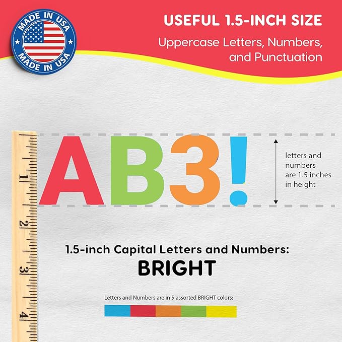 FreshCut Crafts 636 Pcs 1.5 in. Bright Bulletin Board Letters & Numbers, Capital Alphabet Letters, Numbers, Punctuation, US Made Card Stock Punch Outs for Posters, Bulletin Boards, Classroom