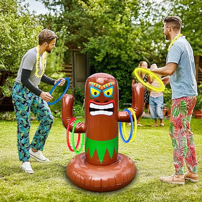 25" Inflatable Luau Tiki Pool Toss Games, Tiki Pool Ring Toss Toys with 4 Rings for Boys Girls Adults Indoor Outdoor Tropical Summer Swimming Inflatable Bean Bags Toss Hawaiian Luau Party Supplies