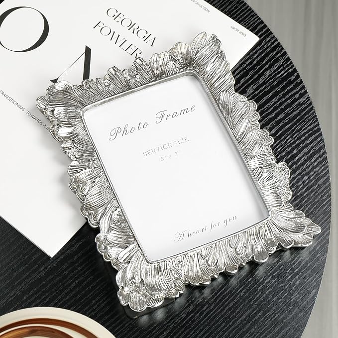 Cuspin 5x7 Picture Frame Silver Frames, Vintage Elegant Palm Leaves Textured - Image 4