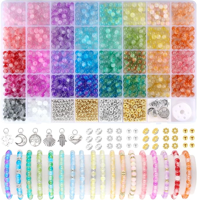 Funtopia 6mm Glass Beads Bracelet Making Kit, 34 Colors Round Crystal Beads by Funtopia