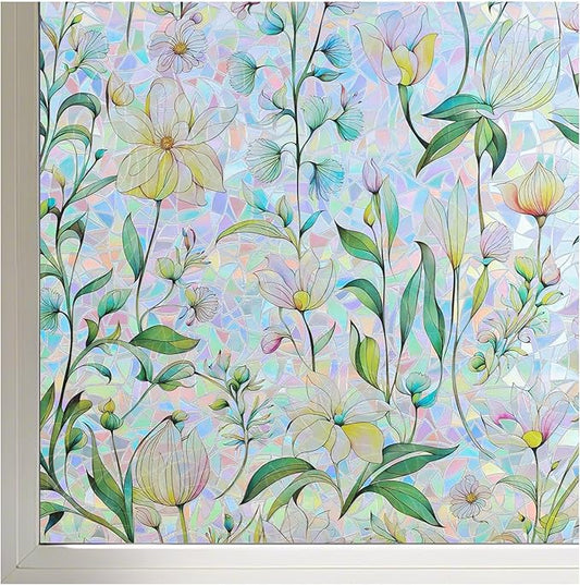 FINNEZ Window Privacy Film Stain Glass Film Flowers Rainbow Window Film Window Clings Non-Adhesive Reusable Decorative for Home（Forest Rainbow，45.2 Inch x 13.1 Feet）