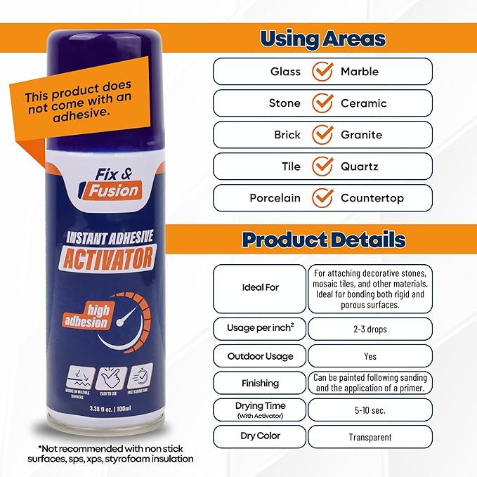 FIX & FUSION Activator Spray (3.38 Fl Oz), Instant Cure Accelerator for Cyanoacrylate (CA) Super Glue for Wood, Plastic, Rubber, Granite, and DIY & Professional, Accelerates Bonding Strength, (2 Pack)