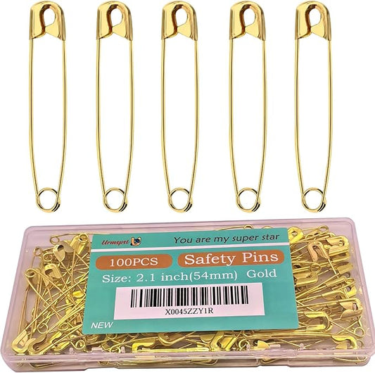 100PCS Safety Pins, 2.1 inch Small Safety Pins, Rust-Resistant Nickel Plated Steel, Sharp Edge Safety Pin for Clothes, Sewing, 54mm Decorative Safety Pins Assorted (Gold)
