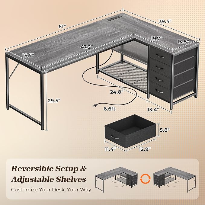 PRAISUN 53" L Shaped Desk with Power Outlets & USB-C Port, Reversible Computer - Image 2