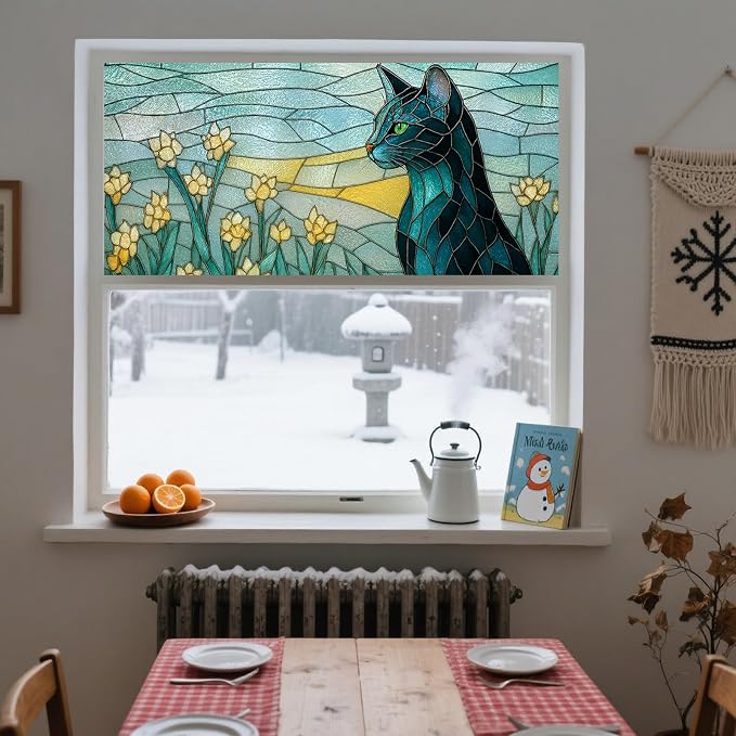 IVN Stained Glass Window Film 39.3x17.7 inch Cat and Daffodils Window Privacy - Image 8